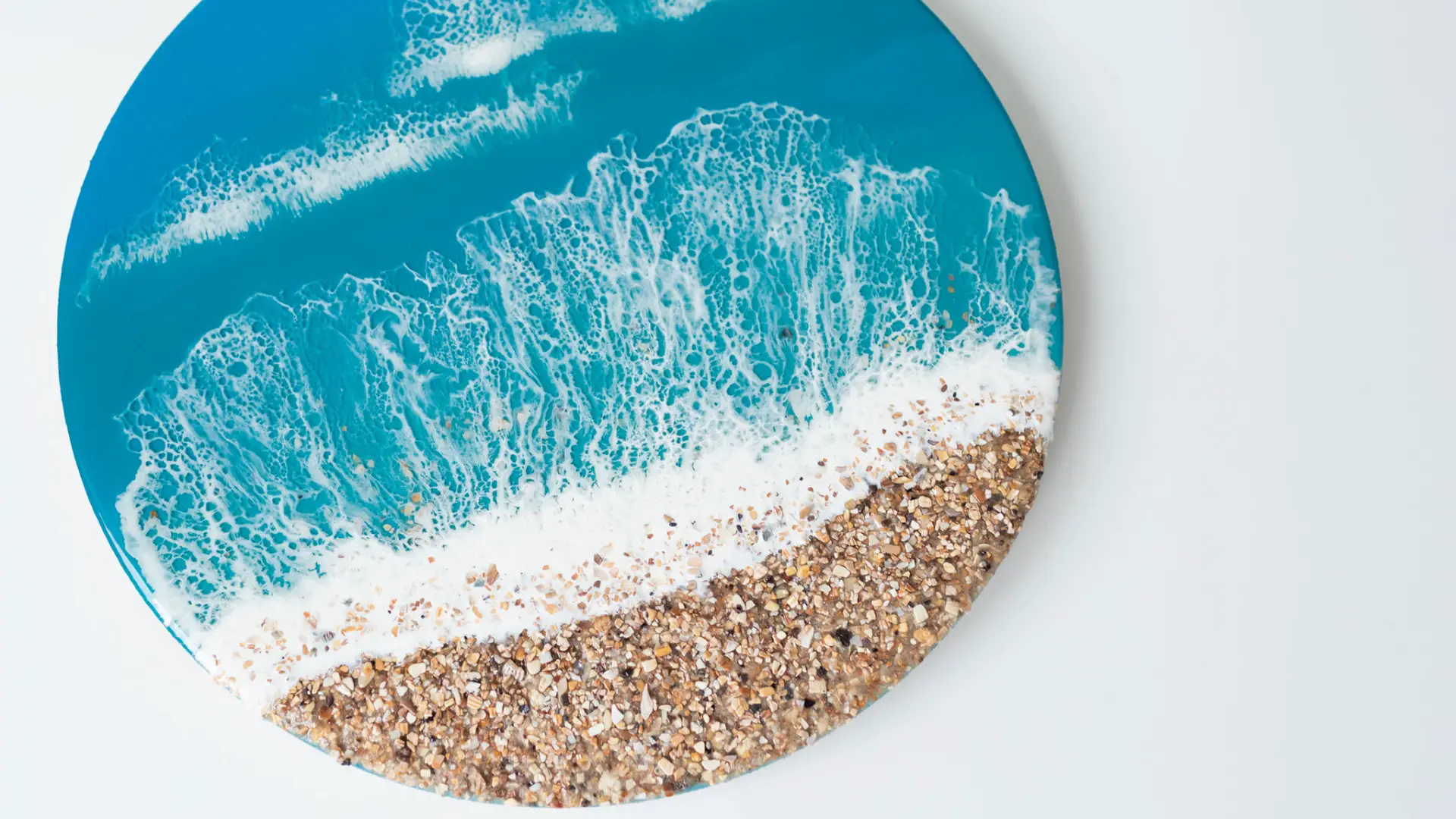 Resin tray, beach with sand blue waves with white bubbles