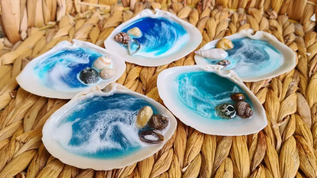 completed resin sea shells in basket